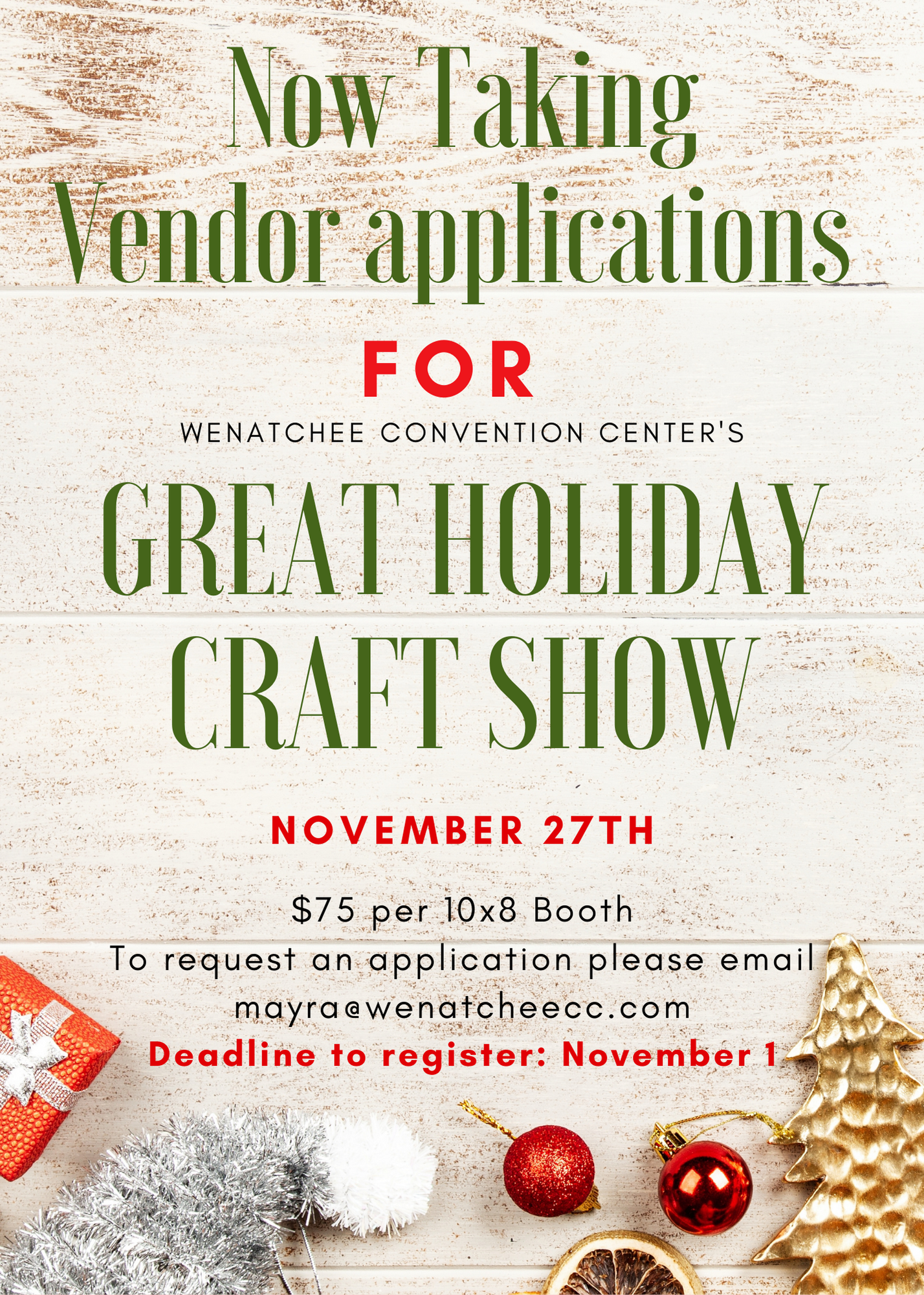<h1 class="tribe-events-single-event-title">Wenatchee Convention Center Great Holiday Craft Show</h1>